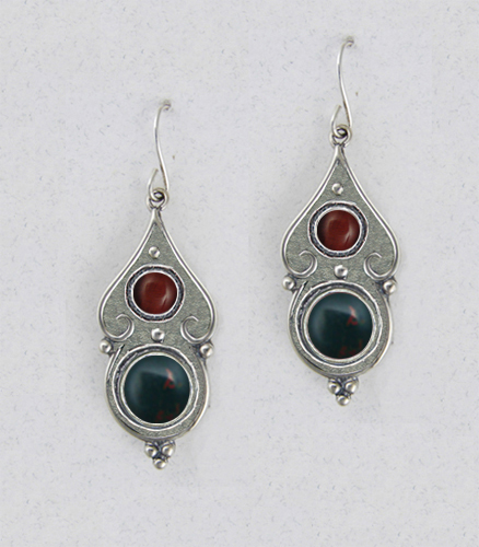 Sterling Silver Gothic Look With Bloodstone And Red Tiger Eye Gemstone Drop Dangle Earrings